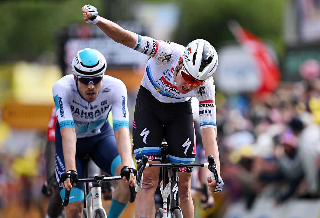 DUNKERQUE, FRANCE - JULY 07: Tim Merlier of Belgium and Team Soudal Quick-Step celebrates at finish line as stage winner during the 112th Tour de France, Stage 3 a 178.3km stage from Valenciennes to Dunkerque / #UCIWT / on July 07, 2025 in Dunkerque, France. (Photo by Tim de Waele/Getty Images)
