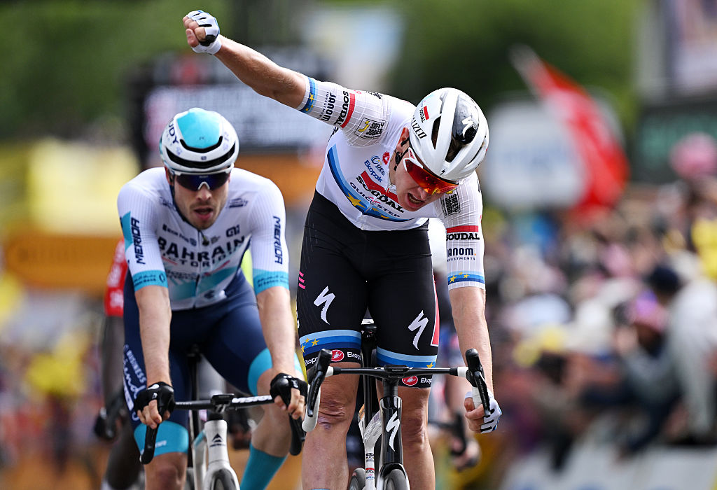 DUNKERQUE, FRANCE - JULY 07: Tim Merlier of Belgium and Team Soudal Quick-Step celebrates at finish line as stage winner during the 112th Tour de France, Stage 3 a 178.3km stage from Valenciennes to Dunkerque / #UCIWT / on July 07, 2025 in Dunkerque, France. (Photo by Tim de Waele/Getty Images)