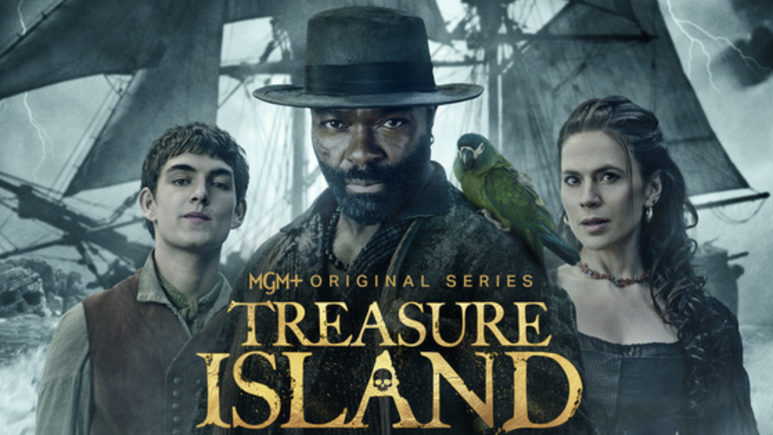 Treasure Island poster, featuring Tom Sweet as Jim Hawkins, David Oyelowo as Long John SIlver and Hayley Atwell as Bess Hawkins. Text reads