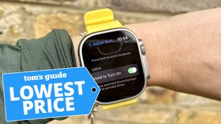 Apple Watch Ultra with Yellow Ocean Band shown on wrist