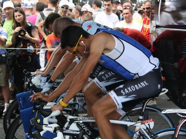 Alberto Contador (Saxo Bank Sungard) warms up before the team time trial.