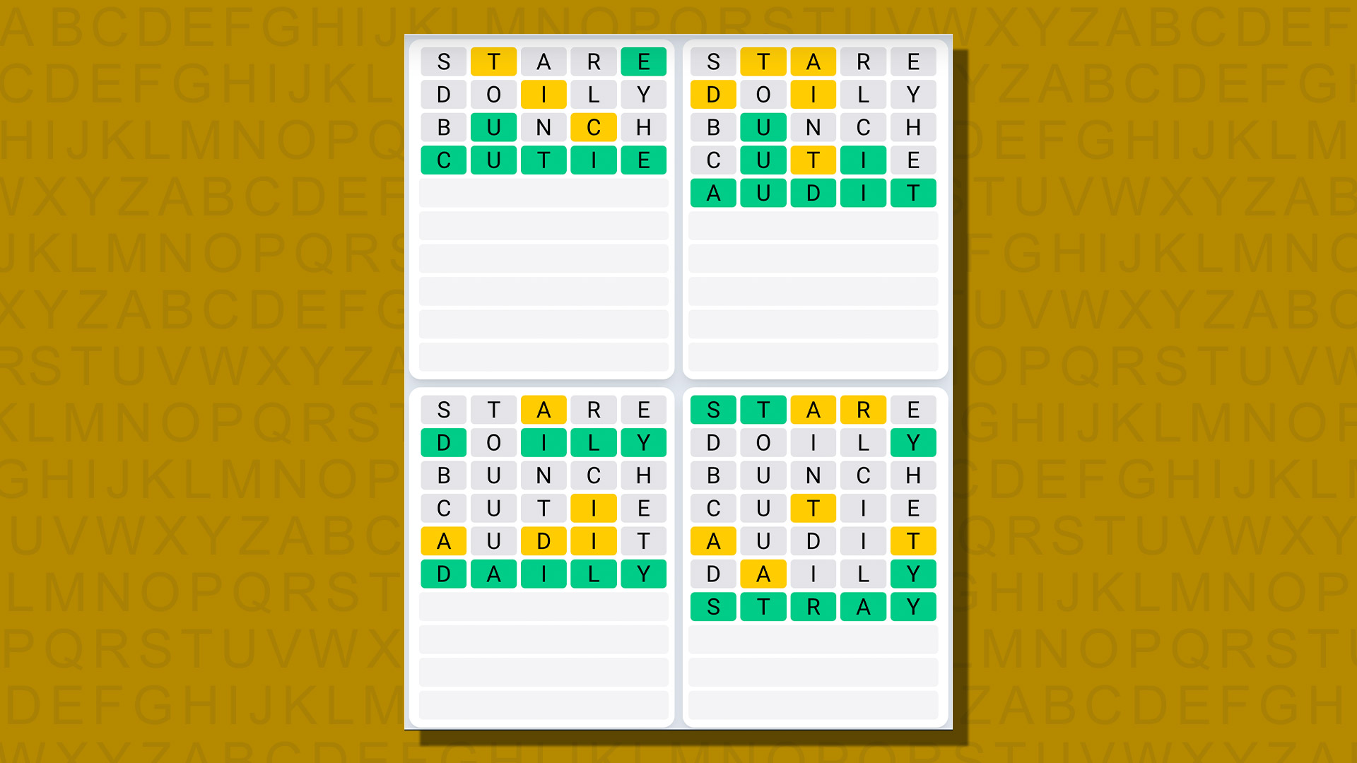 Ежедневная последовательность ответов Quordle для игры 725 на желтом фоне