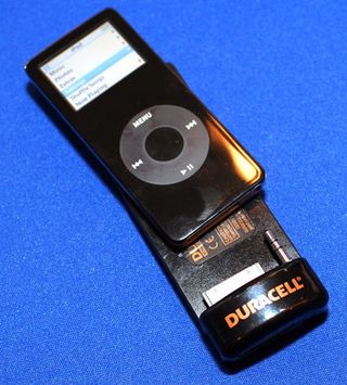 Duracell, yes that Duracell, showed their PowerFM Apple Nano accessory. The PowerFM not only transmits audio to the nearest FM radio, but also doubles the battery life of the player.