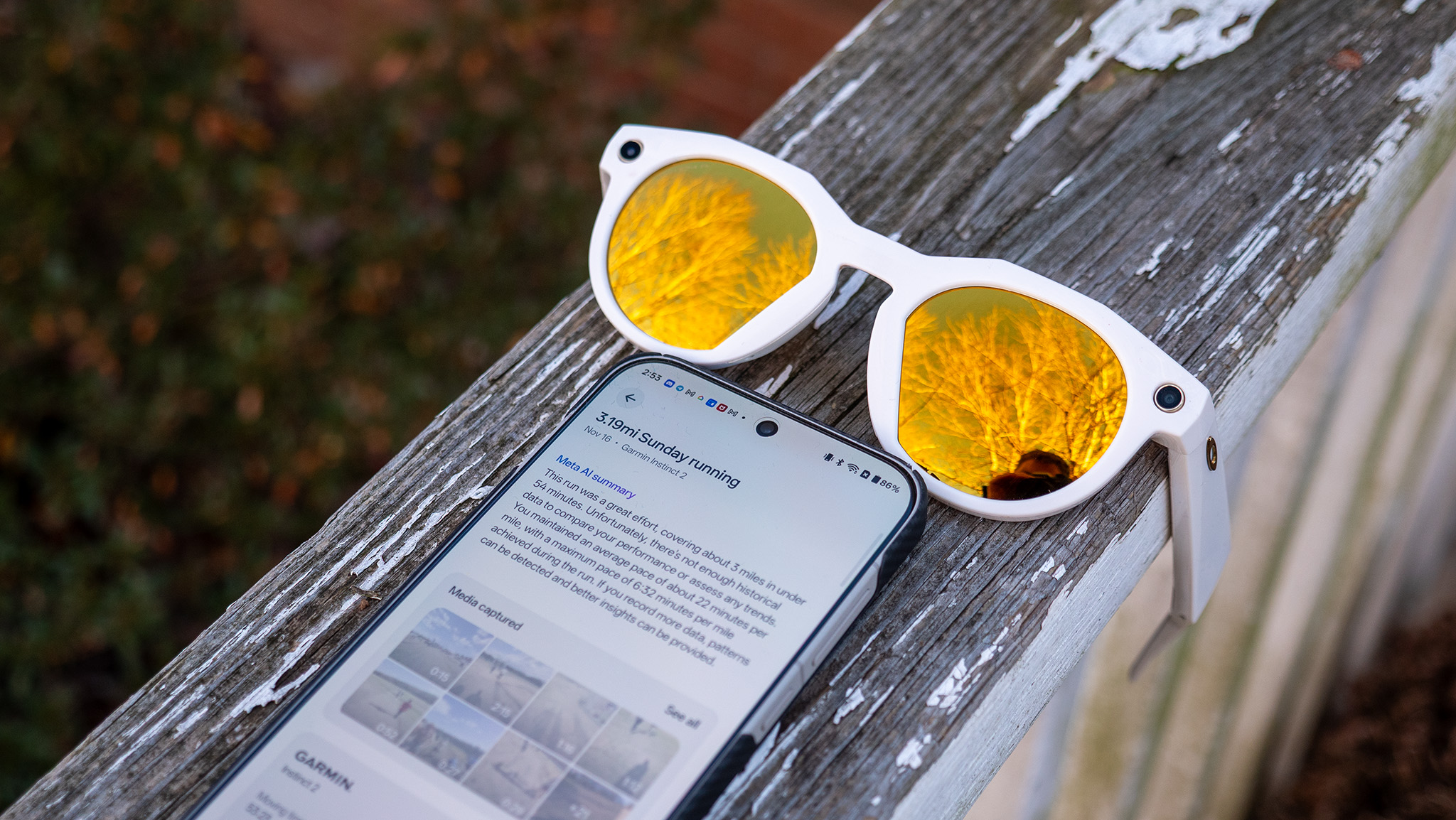 Oakley Meta HSTN AI glasses alongside the Meta AI app, containing a workout summary using data gathered from a Garmin smart watch