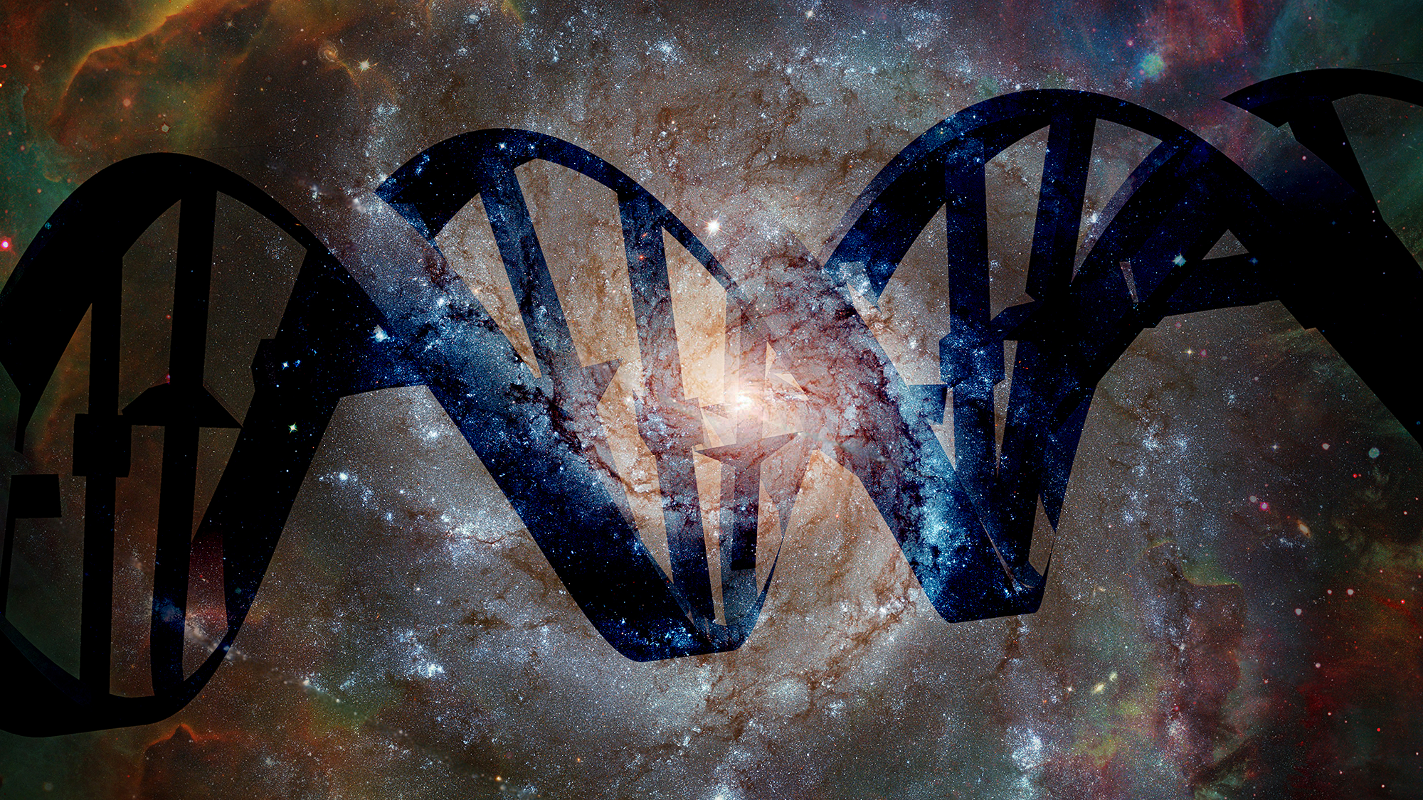 An illustration of DNA against a deep space image