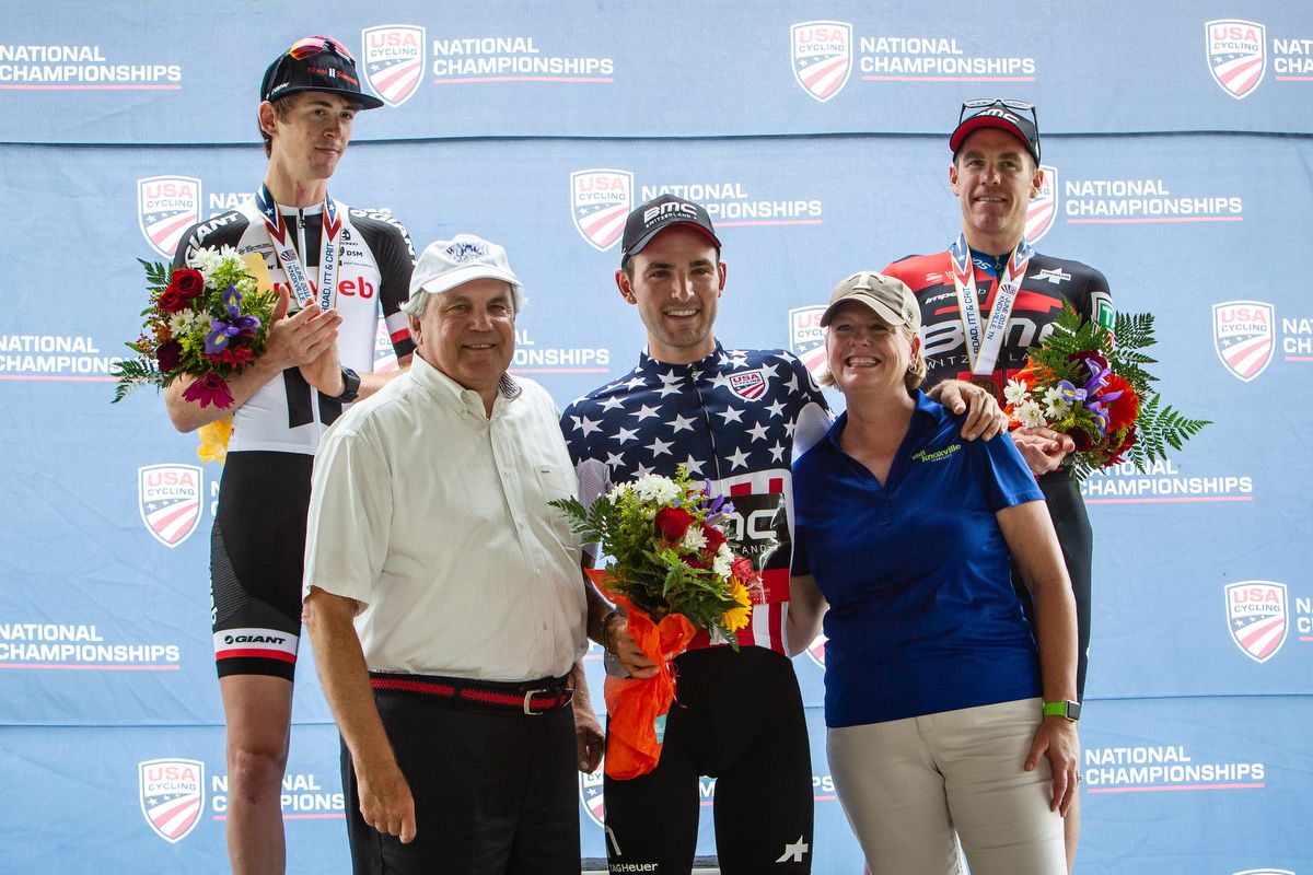 Haga, Rosskopf and Bookwalter on the US pro time trial podium in Oak Ridge, Tennessee
