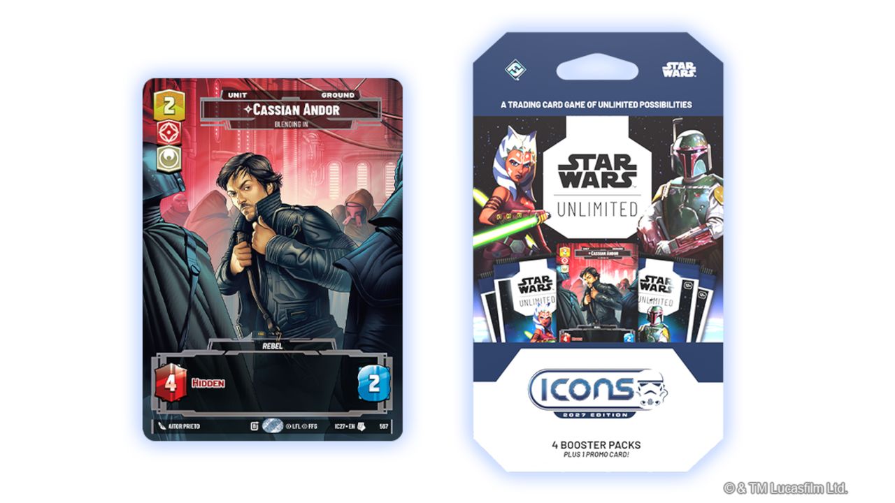 Cassian Andor card beside a Star Wars Unlimited booster pack