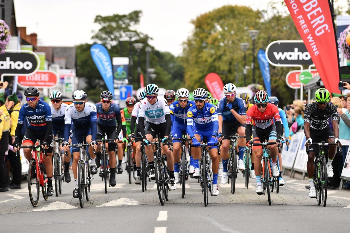 Julian Alaphilippe leads the bunch out of West Bridgford