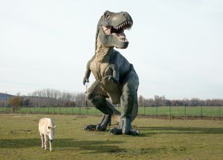 Dinosaur sculpture 8m high in field next to donkey