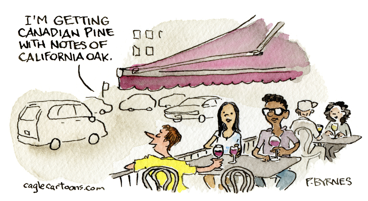 This cartoon depicts a group of people drinking wine at an outdoor cafe. A man is smelling smoke from the wildfires and says, “I’m getting Canadian pine with notes of California oak.”