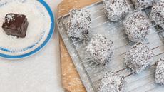 Homemade lamington cakes on tray