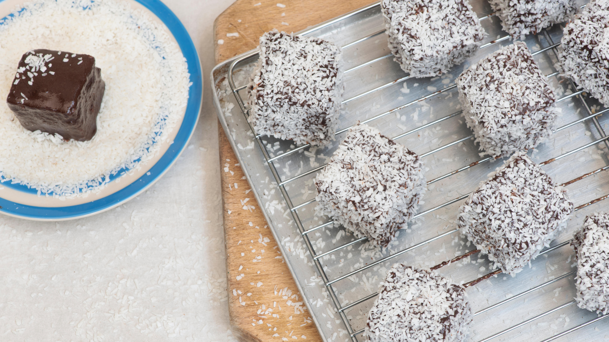 Homemade lamington cakes on tray