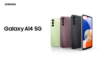 The Samsung Galaxy A14 shown in green, burgundy and black against a white background