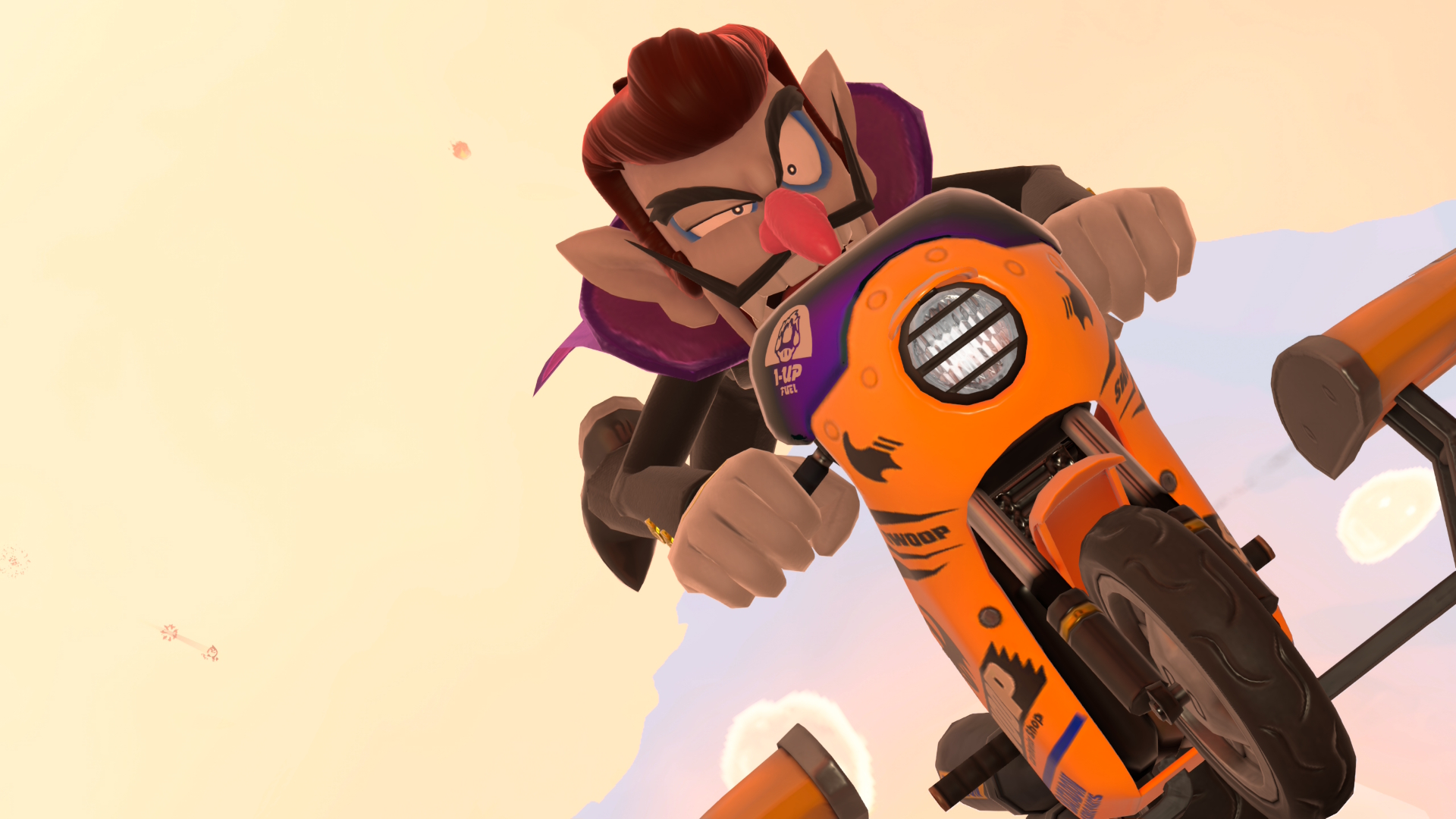 Walugi dressed as a vampire grimances as he is propelled into the air towards Great ? Block Ruins in Mario Kart World