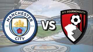 The Manchester City and AFC Bournemouth club badges on top of a photo of the Etihad Stadium in Manchester, England