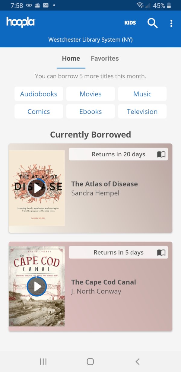 Hoopla screenshot: Currently borrowed