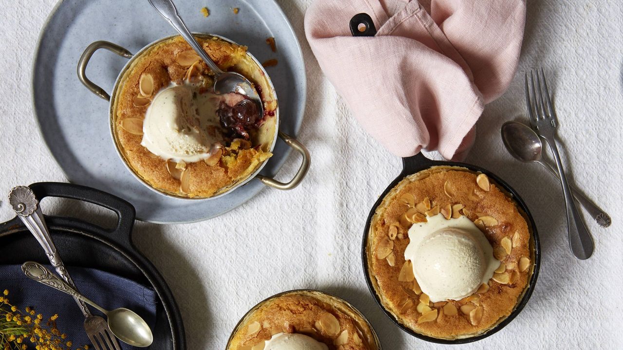 Cherry bakewell pudding with ice cream