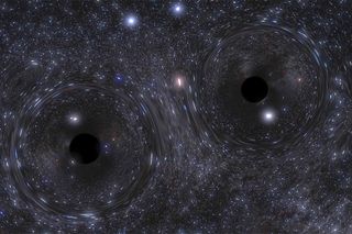 A snapshot of a simulation showing the binary black hole formed in the heart of a dense cluster of stars.