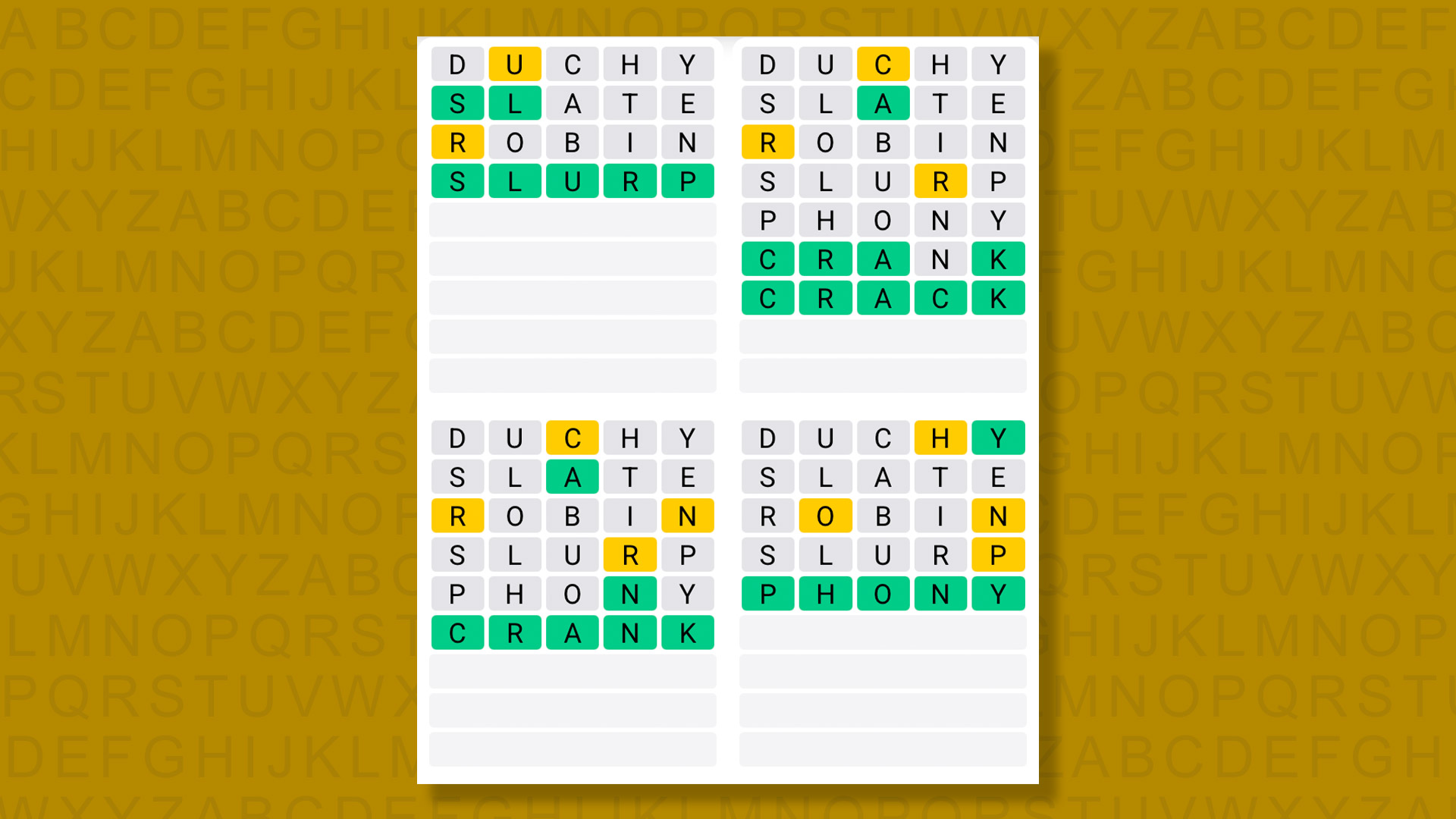 Quordle answers for game 1617 on a yellow background
