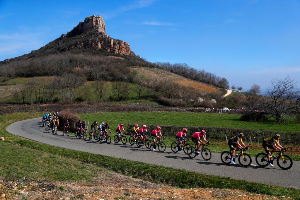 CHIROUBLES FRANCE MARCH 10 Tony Martin of Germany and Team Jumbo Visma Primoz Roglic of Slovenia and Team Jumbo Visma Jonas Rutsch of Germany and Team EF Education Nippo Julien El Fares of France and Team EF Education Nippo Stefan Bissegger of Switzerland and Team EF Education Nippo Yellow Leader Jersey the peloton during the 79th Paris Nice 2021 Stage 4 a 1875km stage from ChalonSurSane to Chiroubles 702m Landscape Mountains ParisNice on March 10 2021 in Chiroubles France Photo by Bas CzerwinskiGetty Images