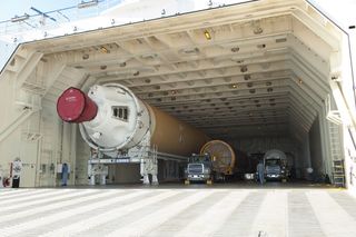 Rockets aboard the Delta Mariner cargo ship. The barge carries rockets from United Launch Alliance's factory in Alabama to two different launch sites — Cape Canaveral in Florida and Vandenberg Air Force Base in California.