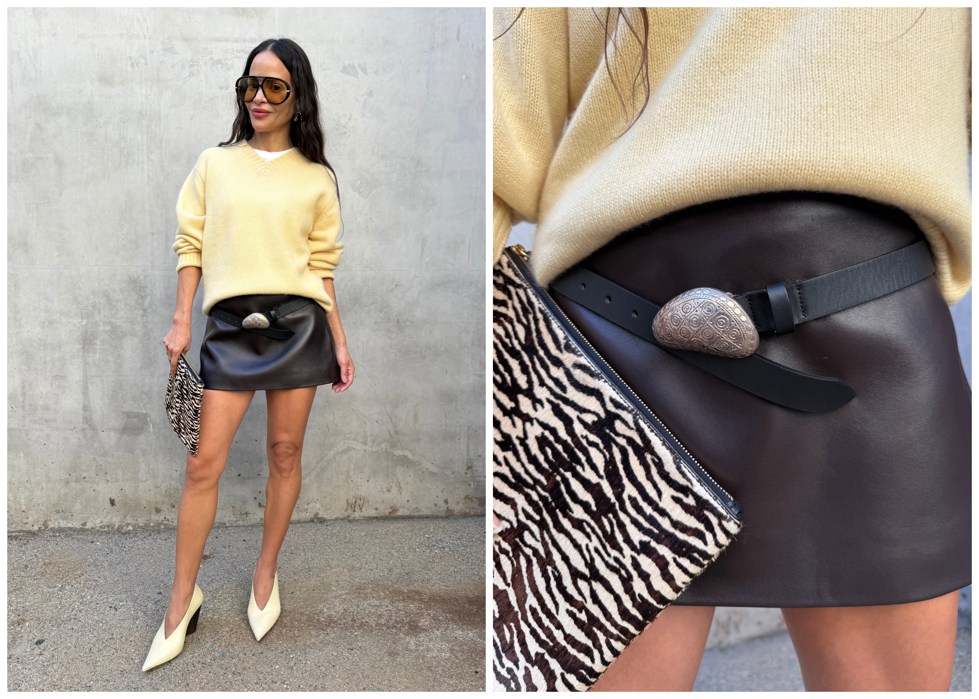 Sophie Lopez wearing a sweater, a skirt, heels and a zebra print bag