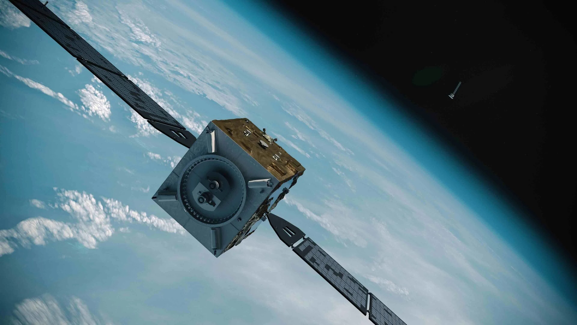 Artist's illustration of a cube-shaped satellite with two large solar wings in orbit above Earth