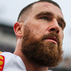 Travis Kelce #87 of the Kansas City Chiefs warms up prior to the AFC Championship NFL football game against the Baltimore Ravens at M&T Bank Stadium on January 28, 2024 in Baltimore, Maryland. 