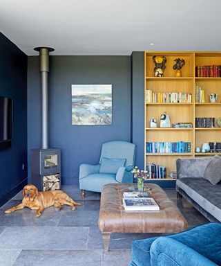 blue and yellow living room with leather coffee table and velvet sofa and chair with dog sat down on the floor