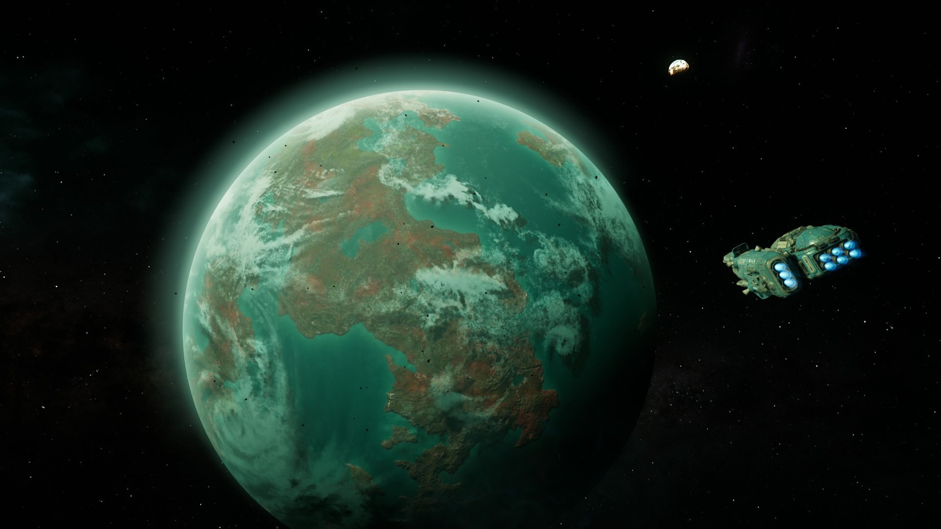 A space ship flying towards a lush green planet in The Outer Worlds 2