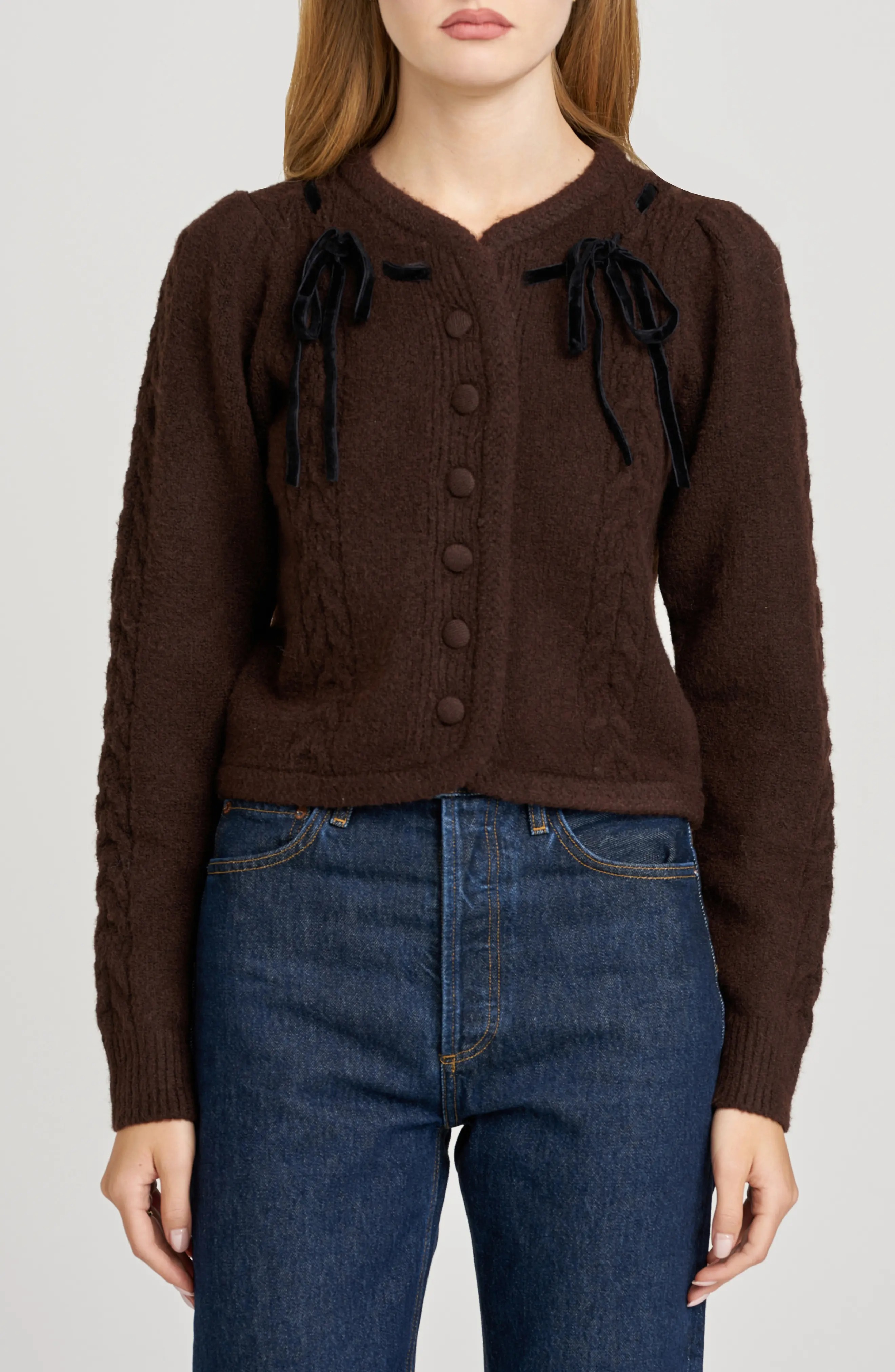 WAYF, X Sara Walker Jackie Velvet Bow Cable Stitch Cardigan