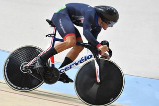 Callum Skinner (GBR) sets a new Olympic Record in the qualifier for the 2016 Olympic track sprint – only to see it broken minutes later by compatriot Jason Kenny