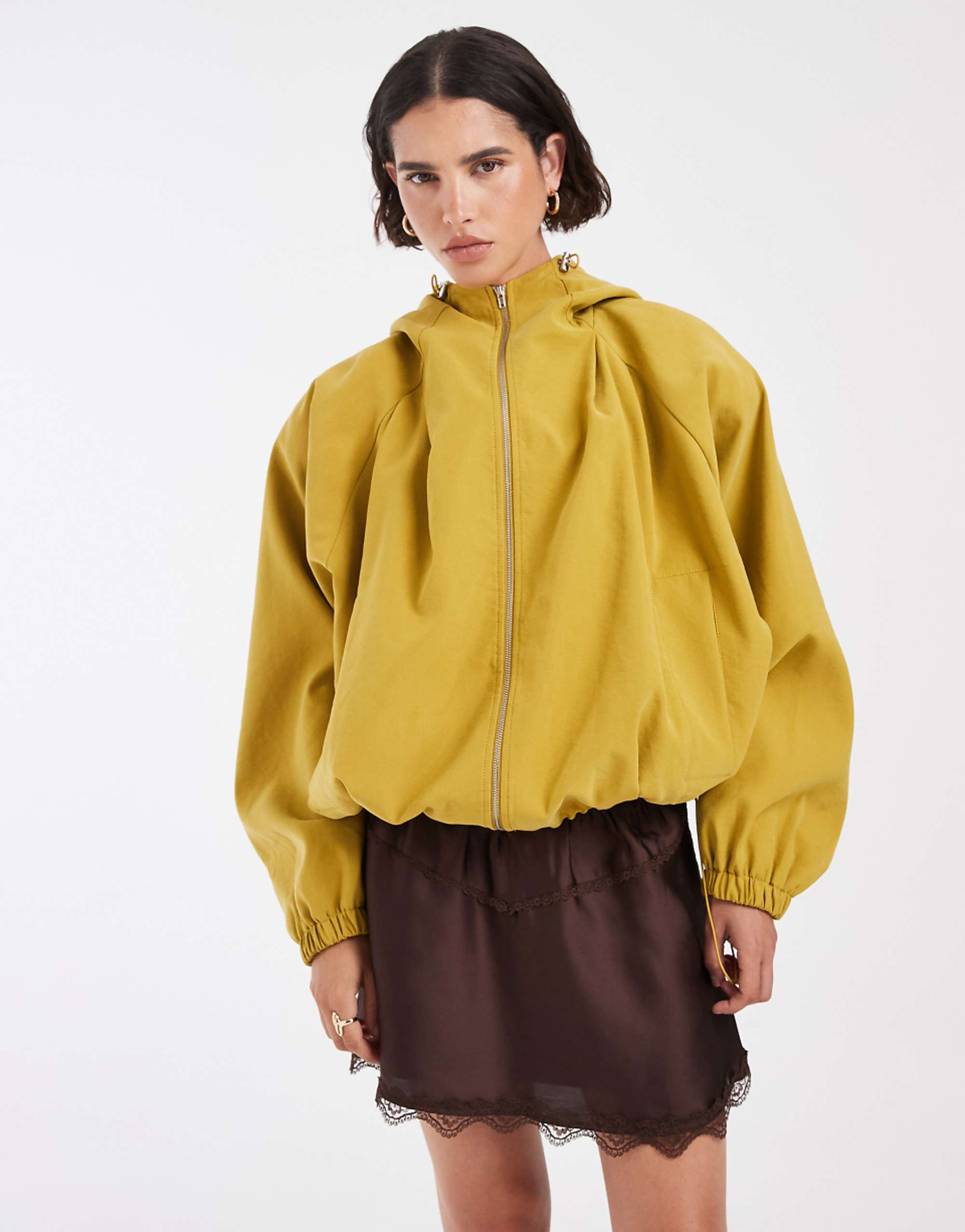 Asos Design Hooded Zip Up Sporty Modal Bomber Jacket in Tobacco