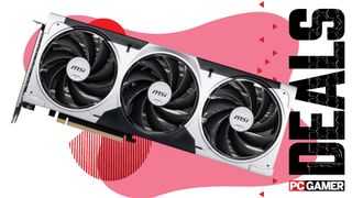 An image of an MSI GeForce RTX 5060 Ti graphics card, against a colorful background with the phrase 'Deals' on the right side, above a PC Gamer logo