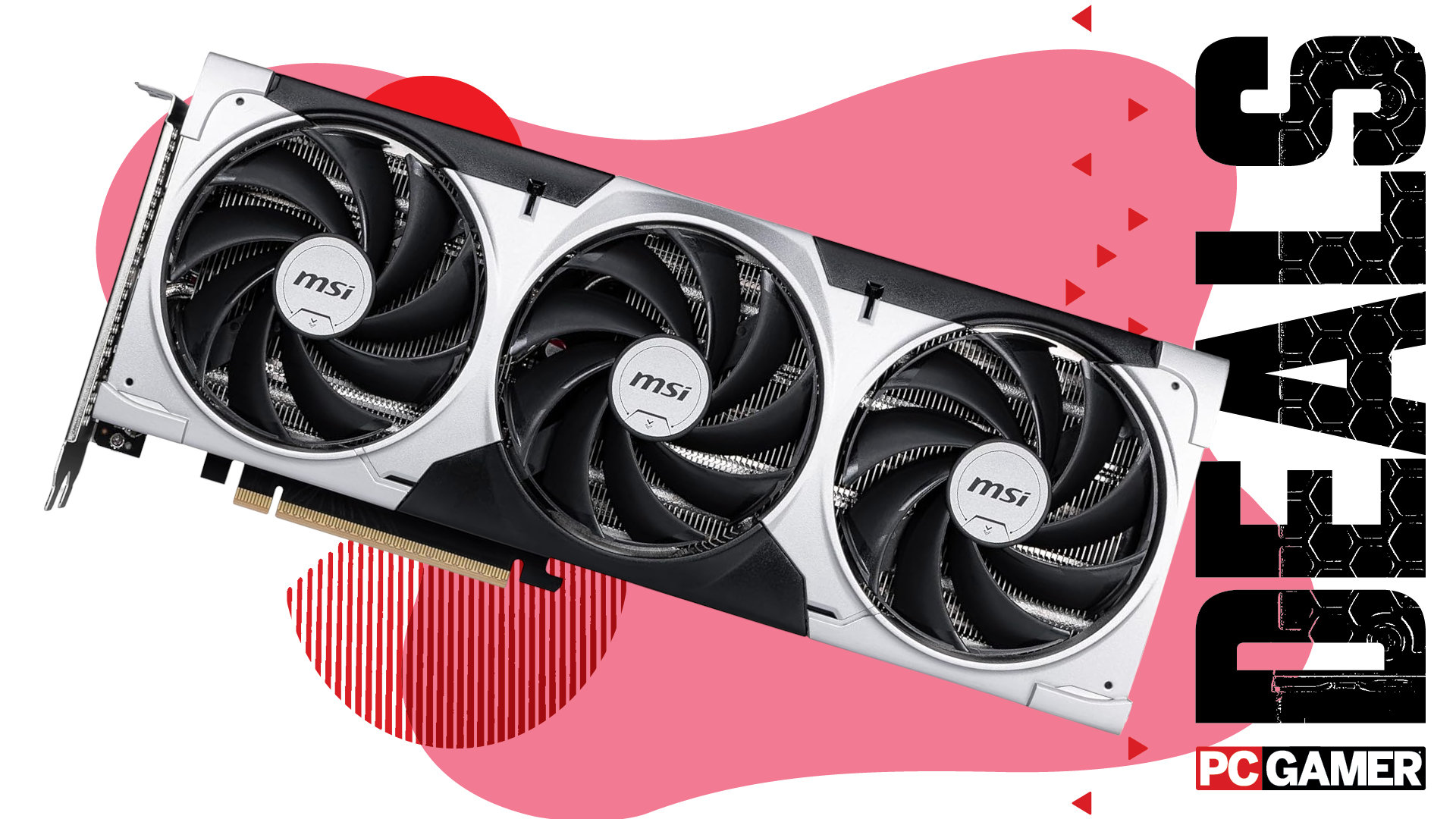 An image of an MSI GeForce RTX 5060 Ti graphics card, against a colorful background with the phrase 'Deals' on the right side, above a PC Gamer logo