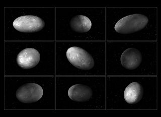 These illustrations of Pluto’s moon Nix show how the orientation of the moon changes unpredictably while it orbits the Pluto-Charon system.