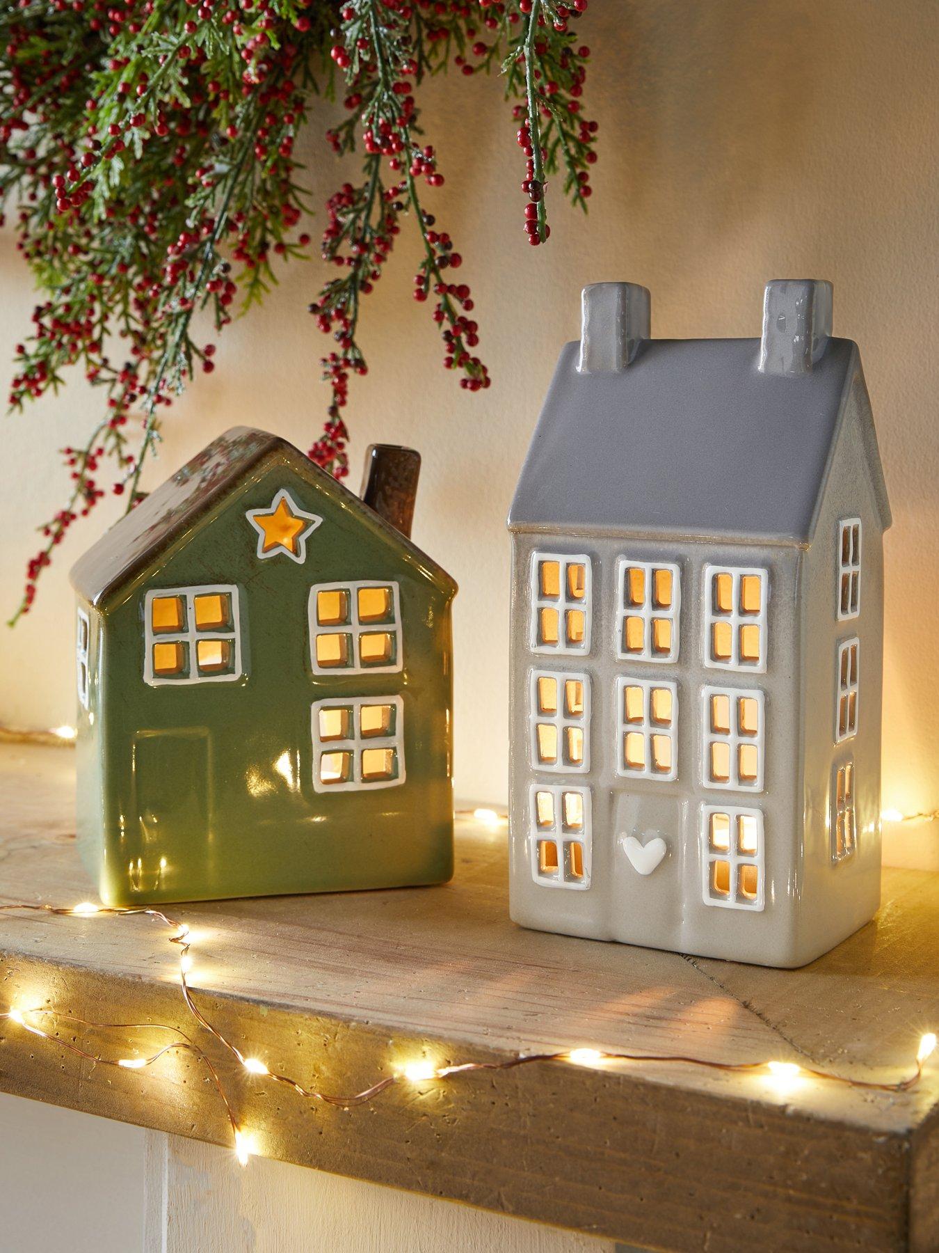 Set of 2 Ceramic House Tealight Holder Christmas Decorations - Multi