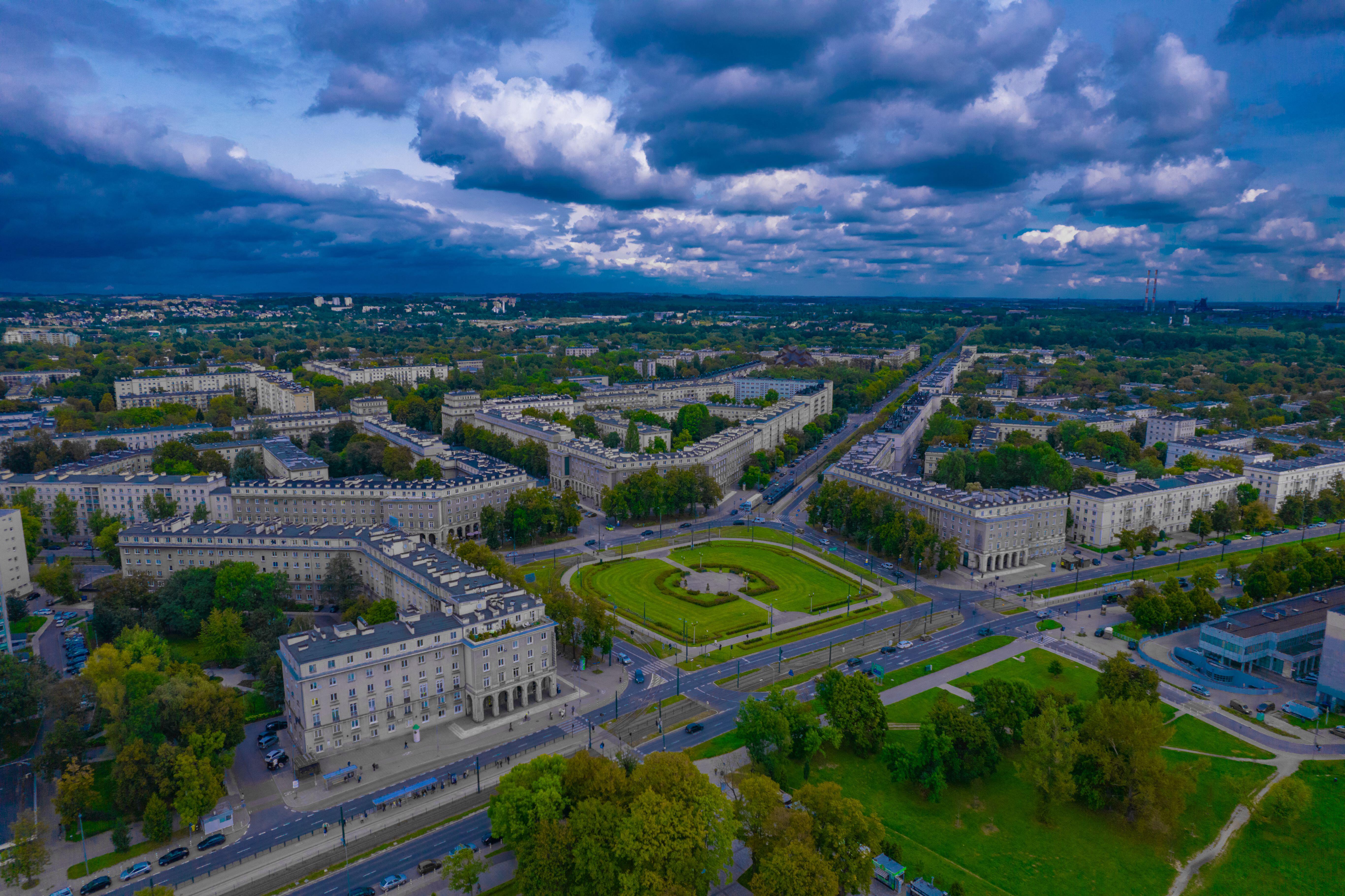 An aerial panorama of the avenues emanating from the central square of Nowa Huta, like a fan