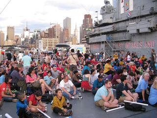 The crowd starts to fill in on the flight deck of the U.S.S. Intrepid for a screening of William Shatner's new "Star Trek" documentary, "The Captains."