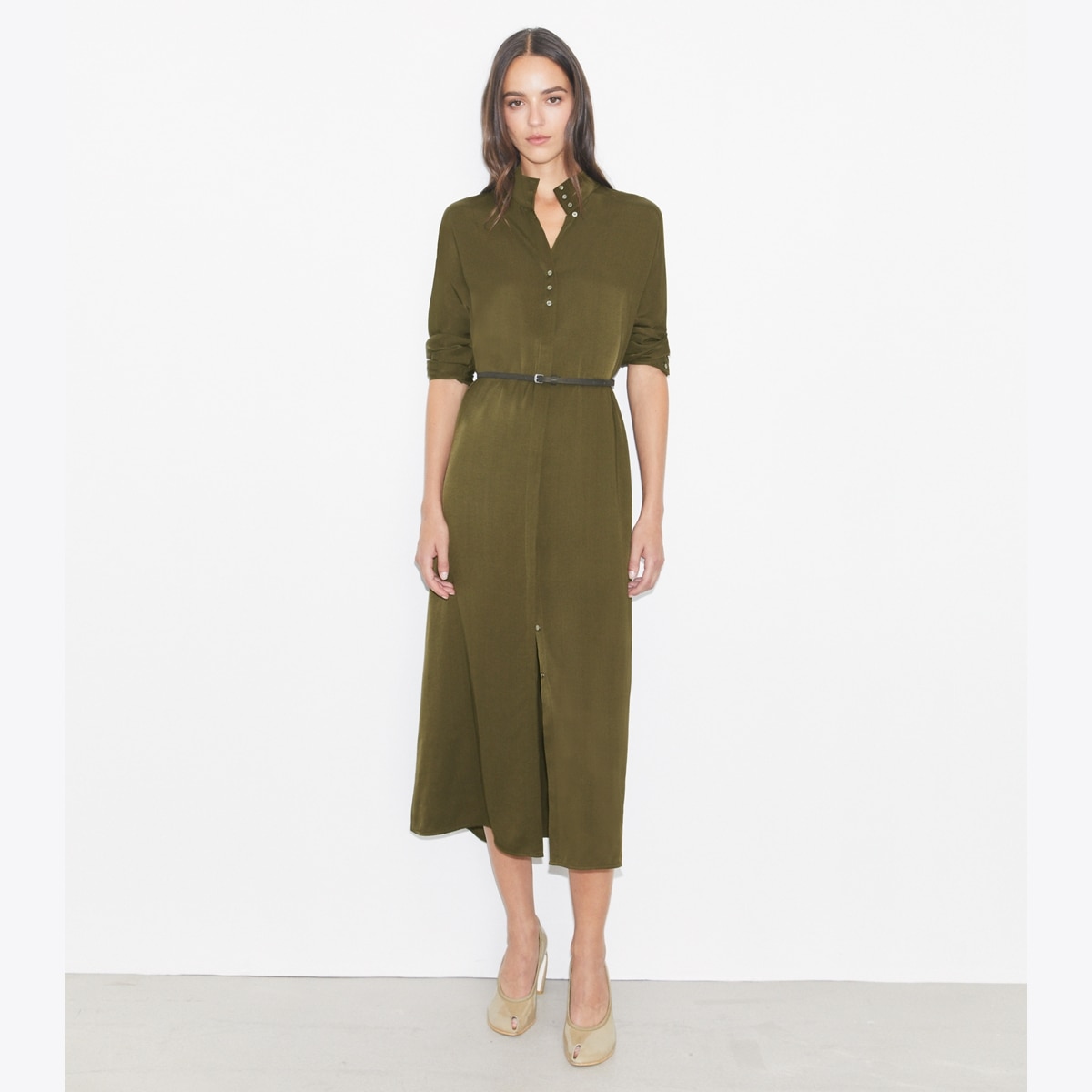 Satin Shirtdress in Green, Size 00