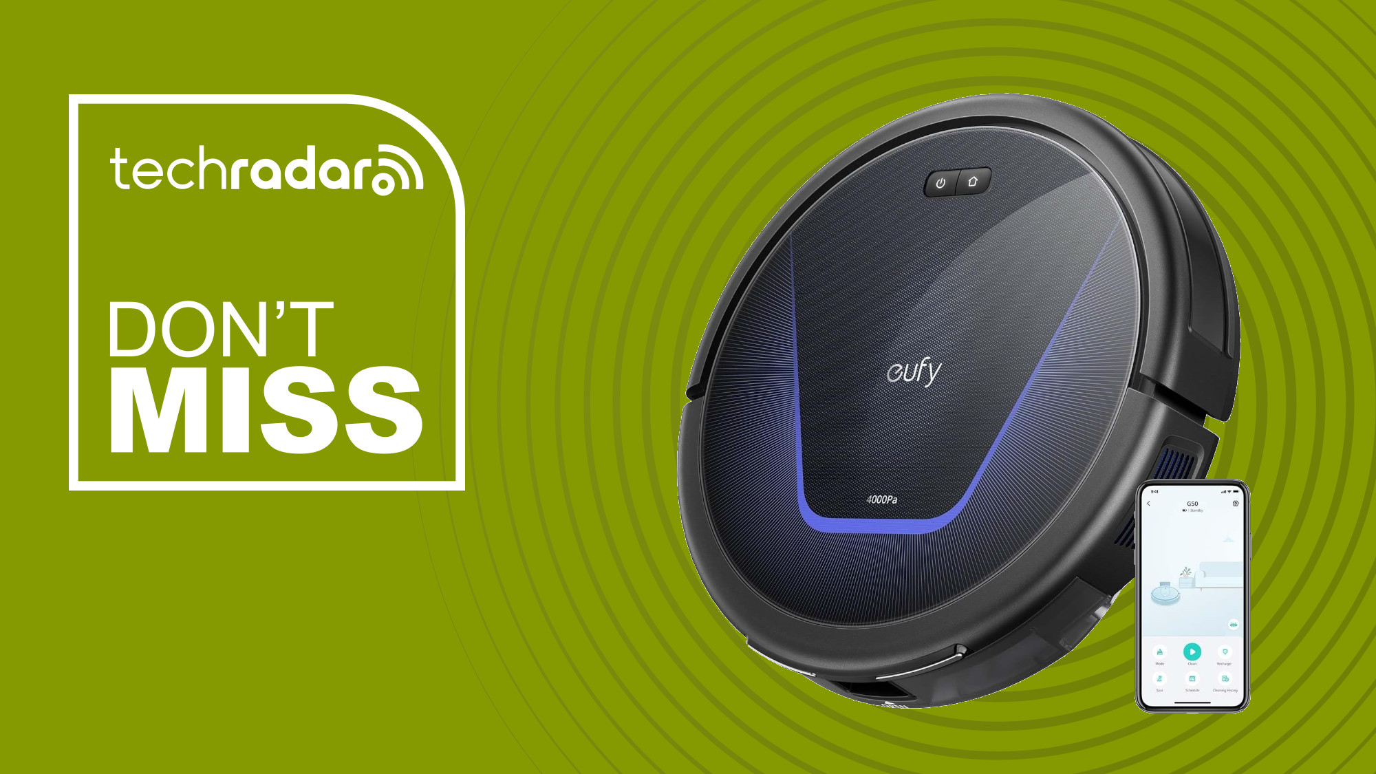 Eufy G50 Robot Vacuum on a green background