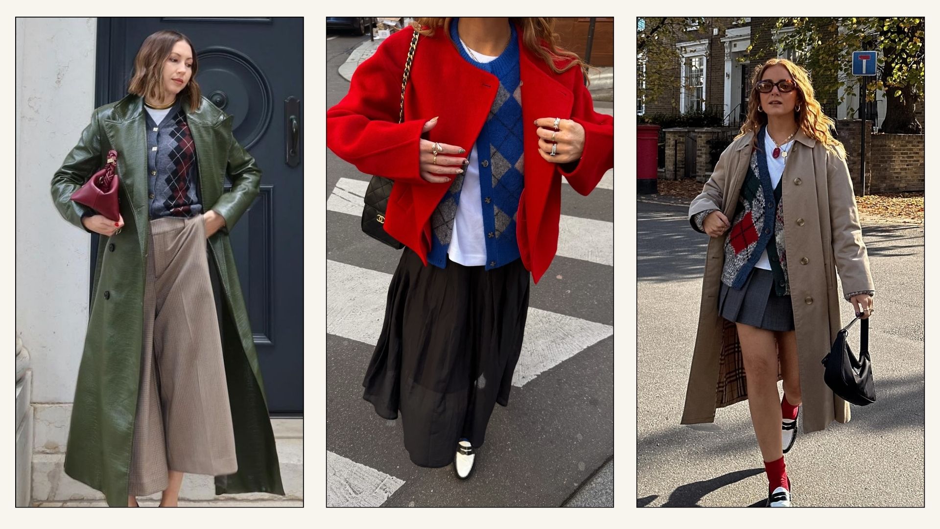Collage of influencer wears argyle cardigans with skirts and coats.