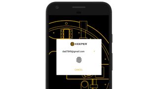 A black mobile phone set against a white background is displaying a "Keeper" software app asking for a fingerprint scan before allowing anyone to access it.