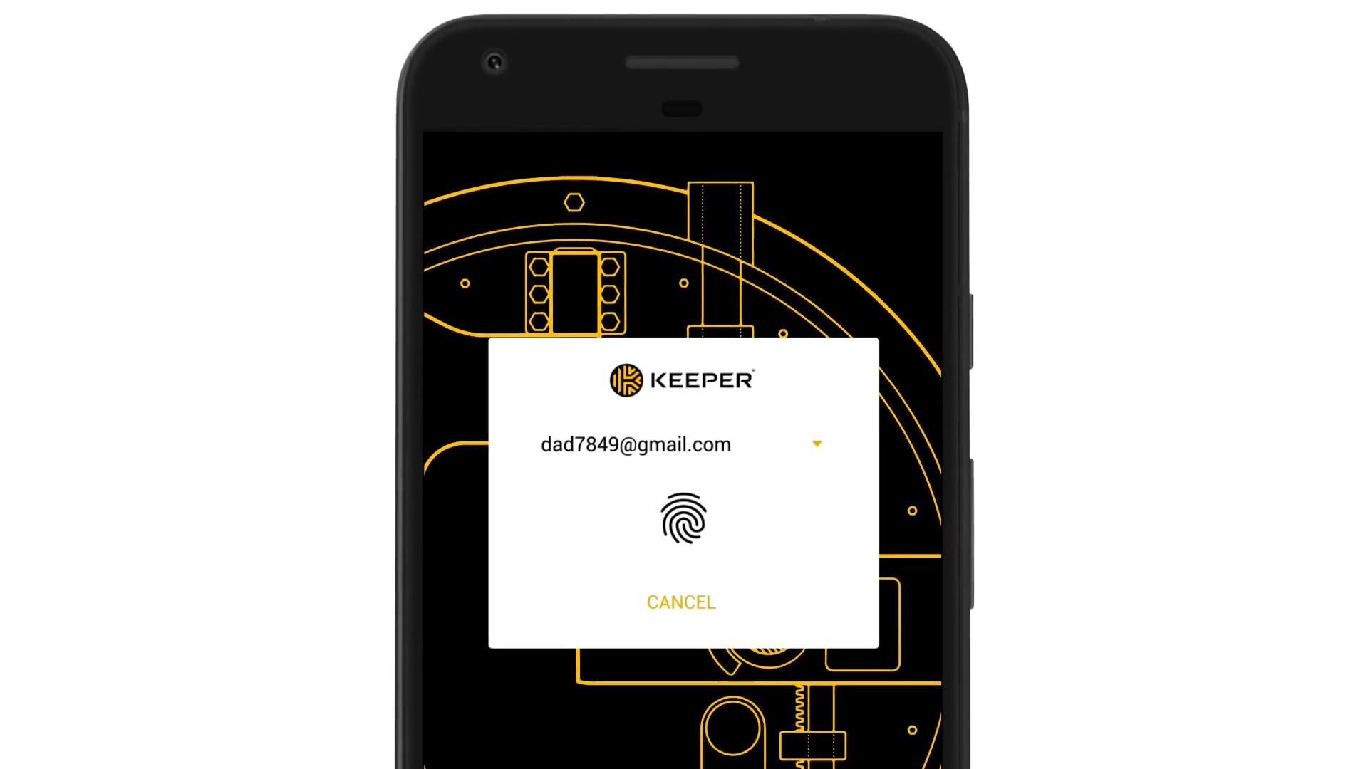 A black mobile phone set against a white background is displaying a "Keeper" software app asking for a fingerprint scan before allowing anyone to access it.