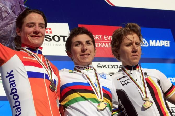 Ina-Yoko Teutenberg won the bronze medal at the 2011 road race world championship behind winner Giorgia Bronzini and runner-up Marianne Vos