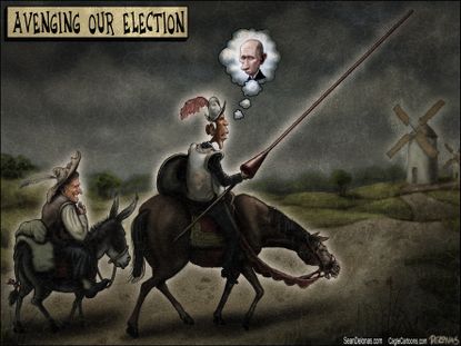 Political cartoon U.S. Russia Barack Obama Don Quixote