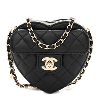 Chanel Lambskin Quilted Cc in Love Heart Clutch With Chain Black