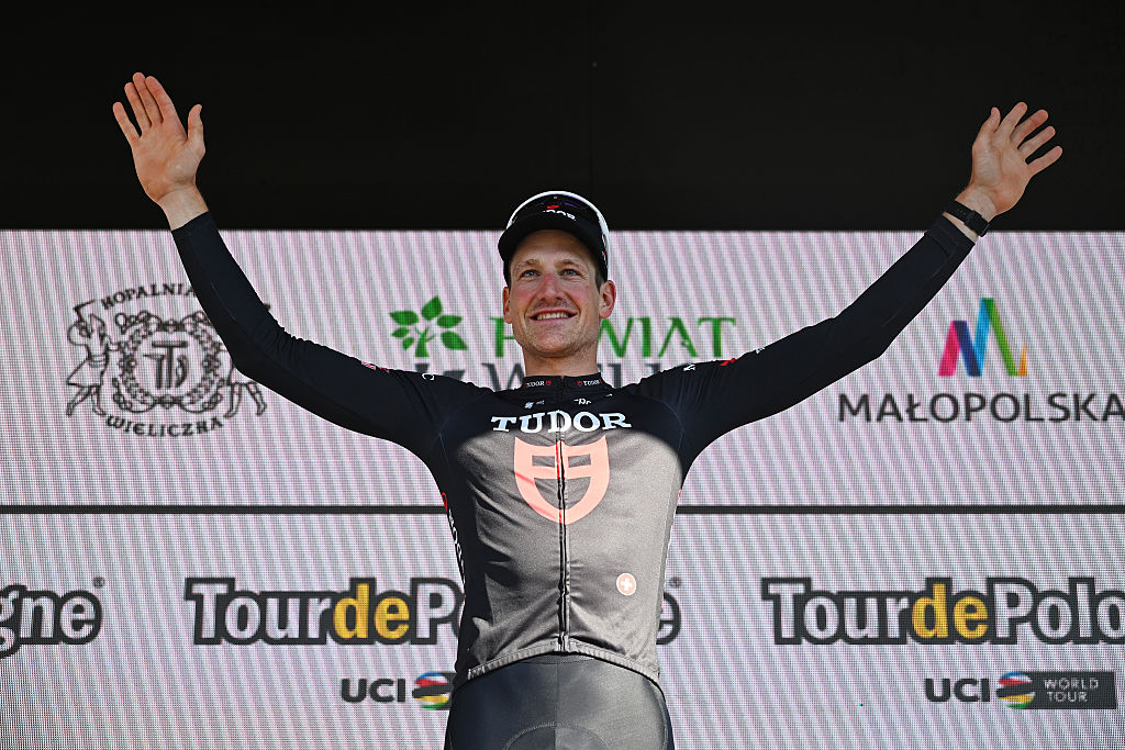 Stefan Kung (Tudor Pro Cycling) celebrates after winning stage 7 of the 2026 Tour de Pologne in Wieliczka, Poland. (Photo by Luc Claessen/Getty Images)