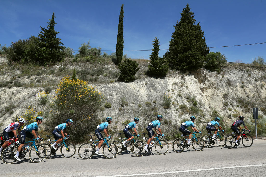 ALCALA LA REAL SPAIN MAY 19 scar Rodriguez Garaikoetxea of Spain Yevgeniy Gidich of Kazahkstan Yuriy Natarov of Kazahkstan Gleb Brussenskiy of Kazahkstan Nikita Stalnov of Kazahkstan Jonas Gregaard Wilsly of Denmark and Team Astana Premier Tech Sebastian Henao Gomez of Colombia and Team INEOS Grenadiers during the 67th Vuelta A Andalucia Ruta Del Sol 2021 Stage 2 a 183km stage from Iznajar to Alcal la Real 1028m VCANDALUCIA on May 19 2021 in Alcala la Real Spain Photo by Gonzalo Arroyo MorenoGetty Images