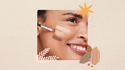 An image of a woman testing three different foundation shades on her face, to illustrate how to adjust your foundation shade